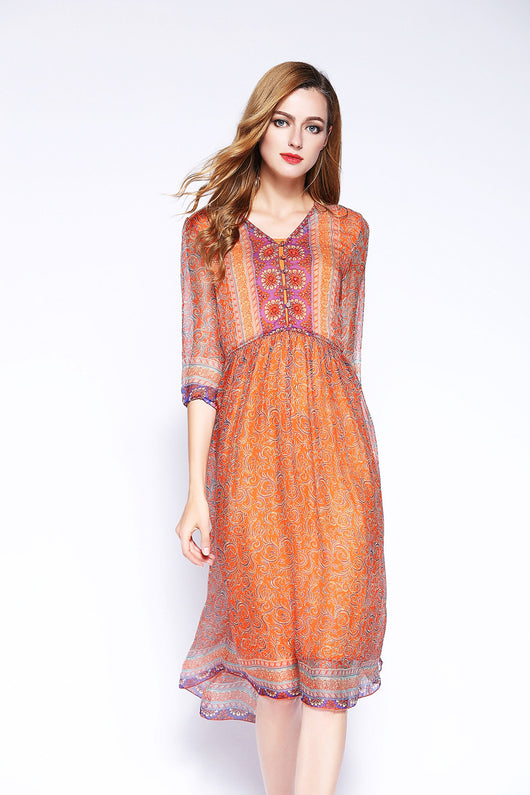 Vestido Bohemio Floral Largo Media Pierna Escote V Playa - Image 13