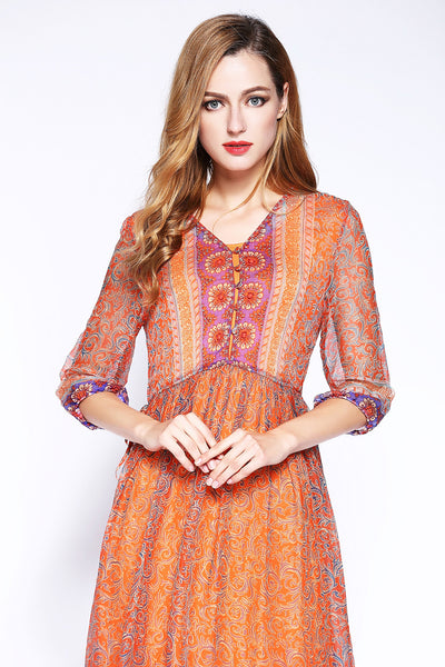 Vestido Bohemio Floral Largo Media Pierna Escote V Playa - Image 5