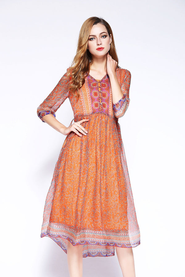 Vestido Bohemio Floral Largo Media Pierna Escote V Playa