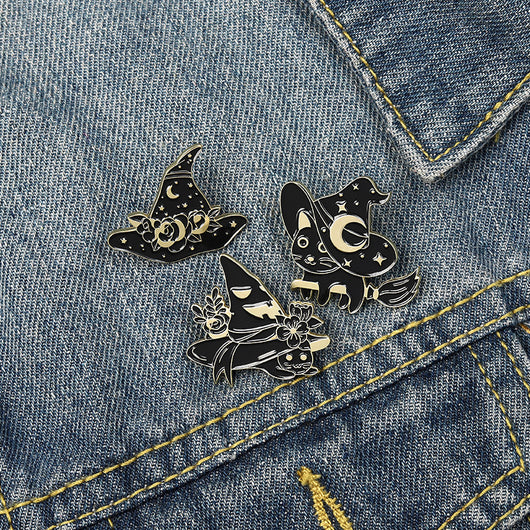 Broche Gato Mágico Negro con Sombrero de Mago - Accesorio Halloween Punk