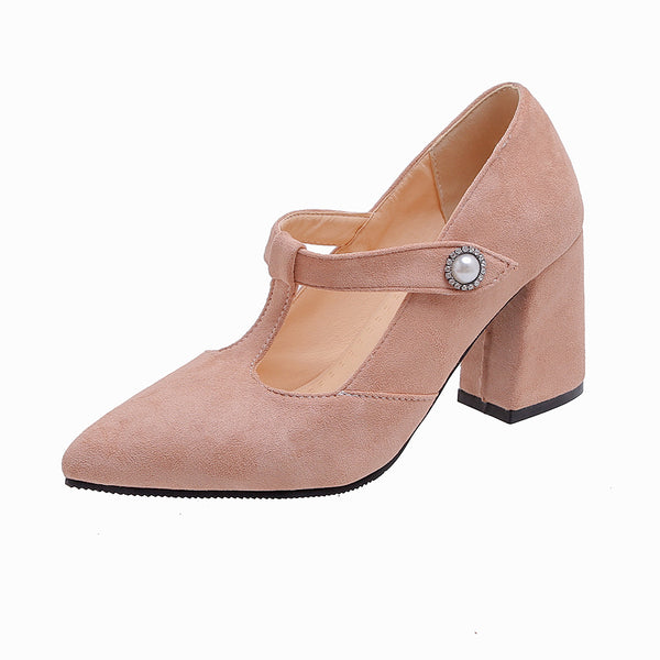 Zapatos de Tacón Grueso Punta Fina con Diseño T para Mujer
