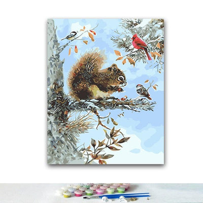 Pintura Digital y Coloreo DIY - Ardilla Comiendo Piñas en el Árbol, Lienzo Acrílico Clásico - Image 7