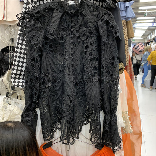 Blusa Elegante Cuello Alto con Mangas Farol, Volantes y Encaje Bordado Calado - Image 10