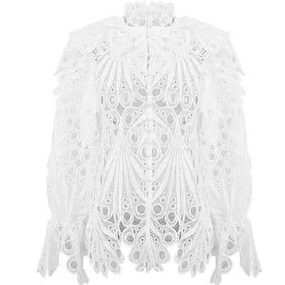 Blusa Elegante Cuello Alto con Mangas Farol, Volantes y Encaje Bordado Calado - Image 3