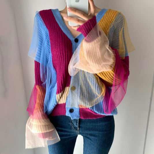 Cardigan Tejido para Mujer con Cuello V y Detalles Geométricos en Malla