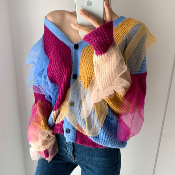 Cardigan Tejido para Mujer con Cuello V y Detalles Geométricos en Malla