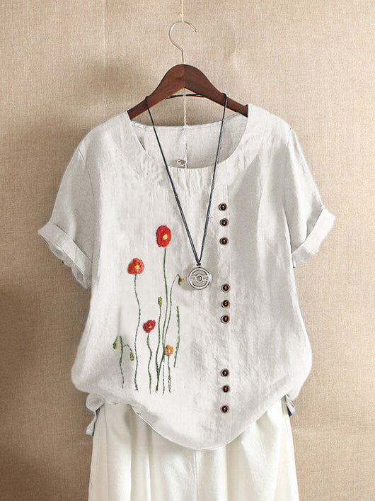 Blusa Suelta Cuello Redondo Bordada Manga Corta Talla Grande Mujer - Image 6