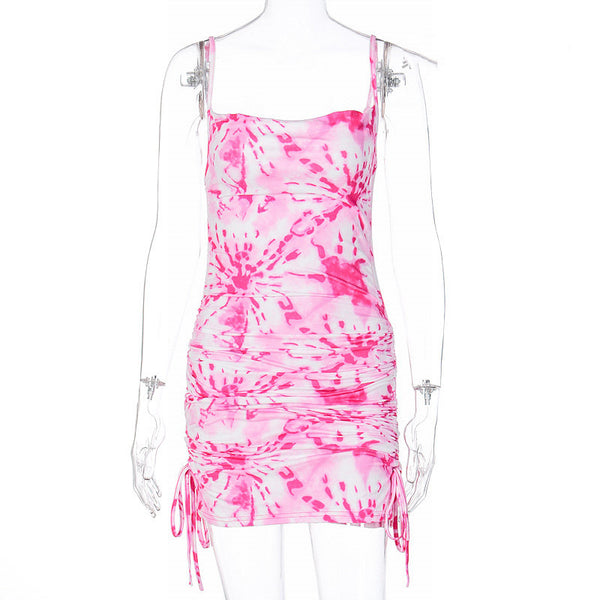 Vestido Suspender con Estampado Tie-dye y Cordón Ajustable