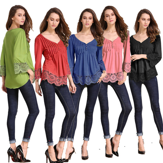 Blusa Casual de Algodón con Detalles de Encaje para Mujer
