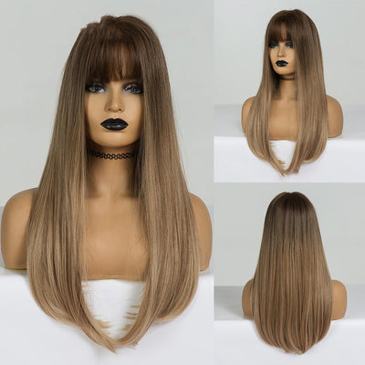 Peluca Larga Lisa con Puntas Rizadas - Degradado Castaño a Negro - Image 3