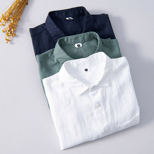 Camisa de Lino Transpirable de Manga Corta - Diseño Clásico Liso - Image 10