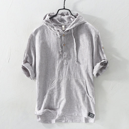 Playera con Capucha de Rayas Hombre - Algodón y Lino Verano - Image 4