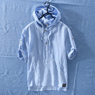 Playera con Capucha de Rayas Hombre - Algodón y Lino Verano - Image 3