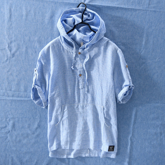 Playera con Capucha de Rayas Hombre - Algodón y Lino Verano - Image 3