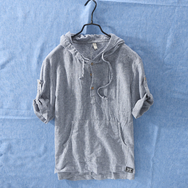 Playera con Capucha de Rayas Hombre - Algodón y Lino Verano