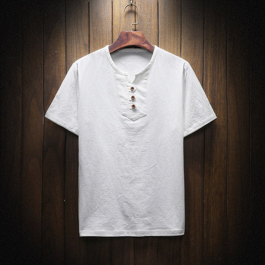 Camiseta Casual de Algodón y Lino - Básico de Color Puro - Image 5