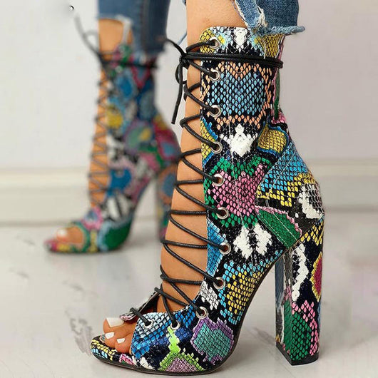 Sandalias de Tacón Grueso con Tiras Cruzadas y Estampado de Serpiente para Mujer - Talla Grande