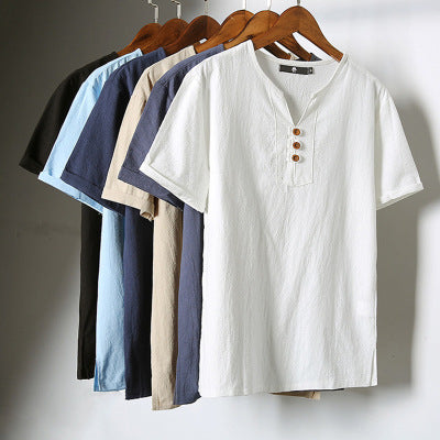 Camiseta Casual de Algodón y Lino - Básico de Color Puro