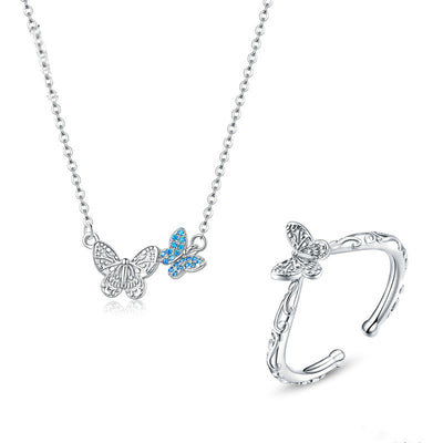 Conjunto de Collar y Anillo Mariposa Plateado en Plata S925