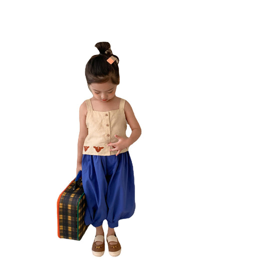 Conjunto Infantil Estilo Japonés y Coreano - Chaleco y Pantalones Antiinsectos en Algodón y Lino con Bordados