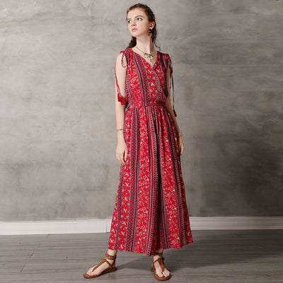 Jumpsuit Retro de Algodón y Lino con Escote V - Diseño Suelto e Impreso - Image 11