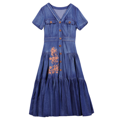 Vestido Denim con Cuello V y Bordados Vintage de Carácter - Image 7