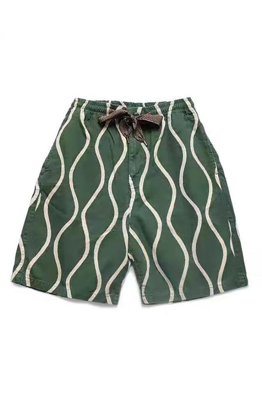 Pantalones Cortos Overol Casual Tendencia Japonesa con Estampado Ripple en Algodón Lino