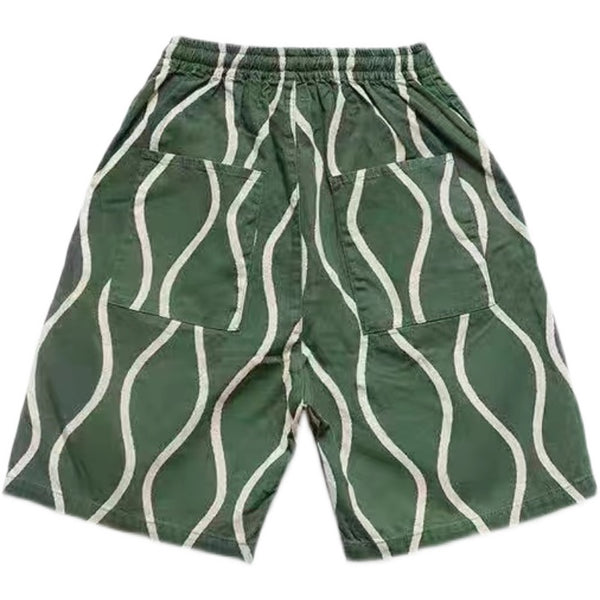 Pantalones Cortos Overol Casual Tendencia Japonesa con Estampado Ripple en Algodón Lino