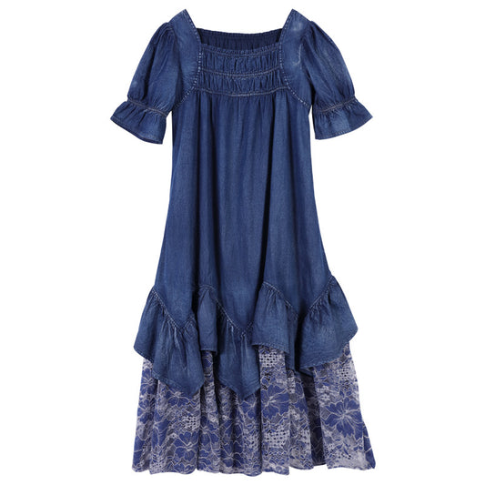 Vestido Midi Retro Francés con Encaje y Volantes - Talla Grande Verano