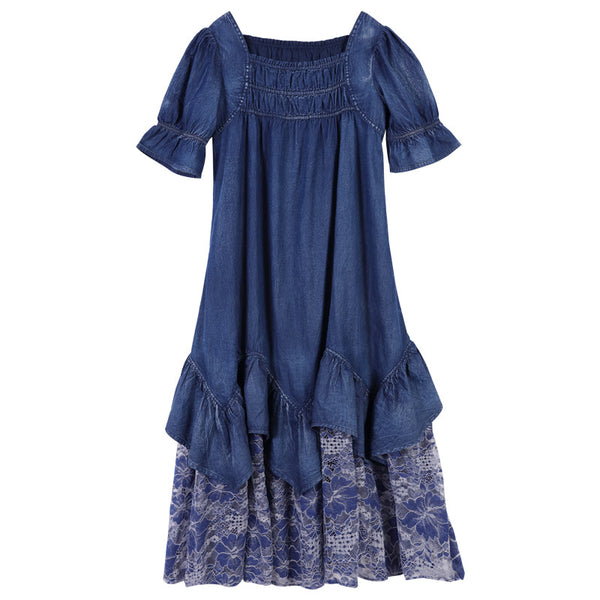 Vestido Midi Retro Francés con Encaje y Volantes - Talla Grande Verano