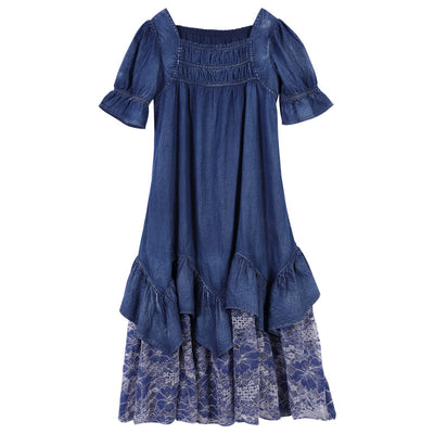 Vestido Midi Retro Francés con Encaje y Volantes - Talla Grande Verano