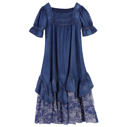 Vestido Midi Retro Francés con Encaje y Volantes - Talla Grande Verano
