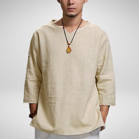 Camisa Hombre Algodón y Lino con Cuello Tipo Pullover - Image 6