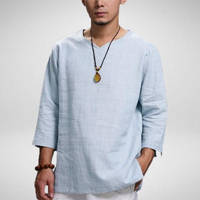 Camisa Hombre Algodón y Lino con Cuello Tipo Pullover - Image 7