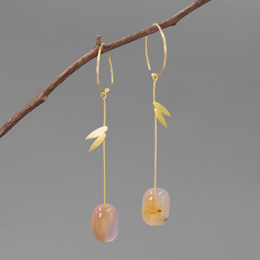 Aretes de Plata 925 con Ágata - Diseño Minimalista Hoja de Bambú Estilo Oriental - Image 8