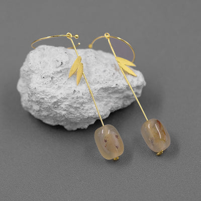 Aretes de Plata 925 con Ágata - Diseño Minimalista Hoja de Bambú Estilo Oriental - Image 10