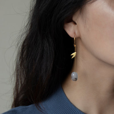 Aretes de Plata 925 con Ágata - Diseño Minimalista Hoja de Bambú Estilo Oriental - Image 7