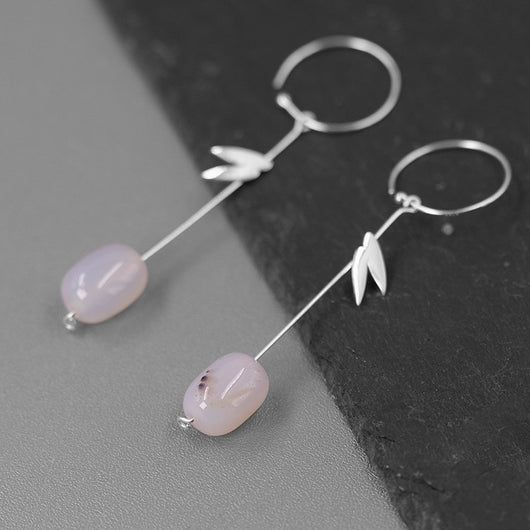 Aretes de Plata 925 con Ágata - Diseño Minimalista Hoja de Bambú Estilo Oriental - Image 3