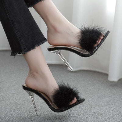 Tacones Altos de Cristal Transparente con Plumas - Zapatillas Elegantes para Mujer - Image 9