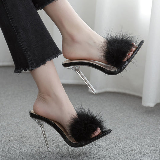Tacones Altos de Cristal Transparente con Plumas - Zapatillas Elegantes para Mujer - Image 9