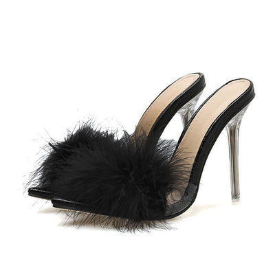 Tacones Altos de Cristal Transparente con Plumas - Zapatillas Elegantes para Mujer - Image 4