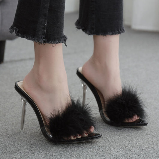 Tacones Altos de Cristal Transparente con Plumas - Zapatillas Elegantes para Mujer - Image 5
