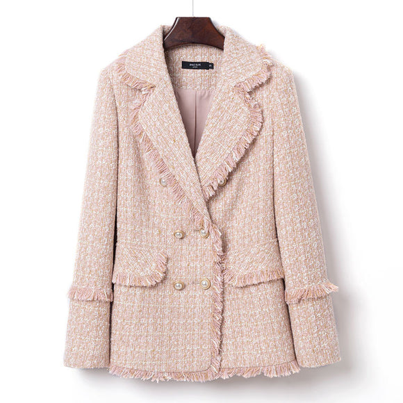 Blazer Tweed Mujer Cuello Solapa Corta Retro Elegante