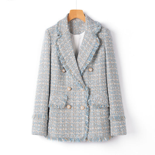 Blazer Tweed Mujer Cuello Solapa Corta Retro Elegante