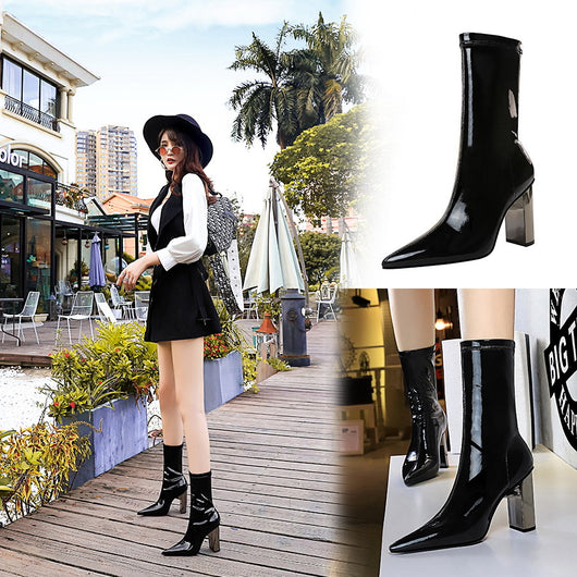 Botas Cortas de Charol Brillante con Tacón Grueso y Punta Afilada - Image 12