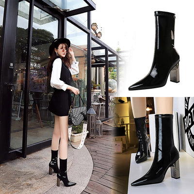 Botas Cortas de Charol Brillante con Tacón Grueso y Punta Afilada - Image 9