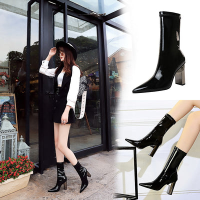 Botas Cortas de Charol Brillante con Tacón Grueso y Punta Afilada - Image 10