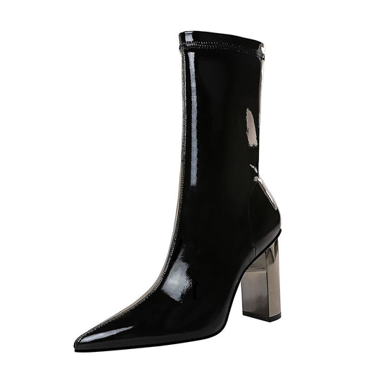 Botas Cortas de Charol Brillante con Tacón Grueso y Punta Afilada - Image 6