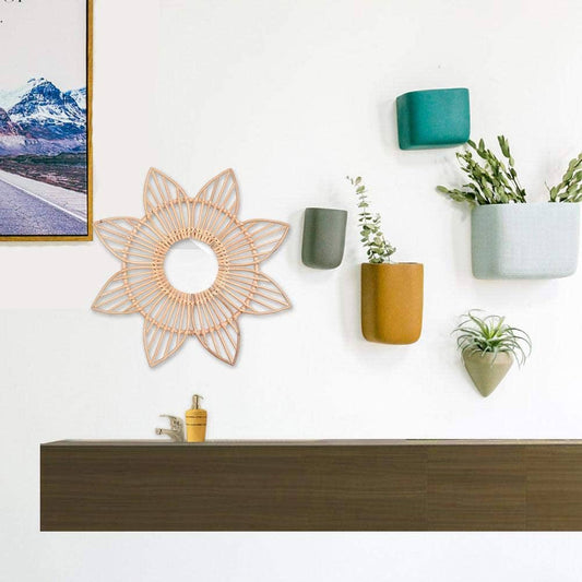 Espejo Decorativo Nórdico con Marco de Ratán - Espejo de Baño Retro para Sala de Estar
