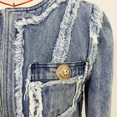 Chaqueta Denim con Cabeza de León y Detalles de Costura Fringe - Image 8